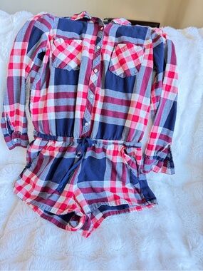Aerie Button Down Flannel Romper Lounge Set. LG